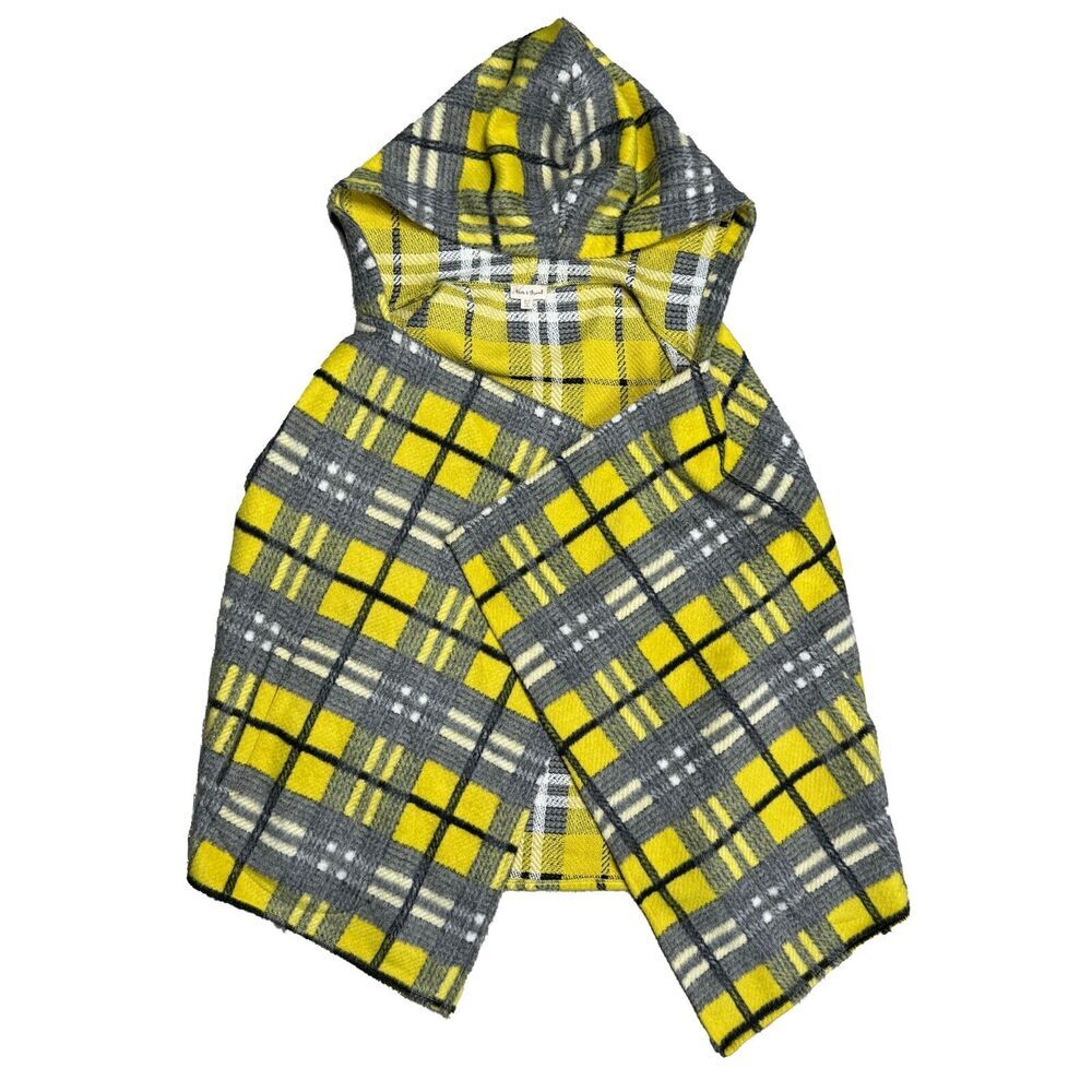 Hem & Thread Knit Poncho Hoodie Womens M / L Gray Yellow Plaid Sleeveless Boho